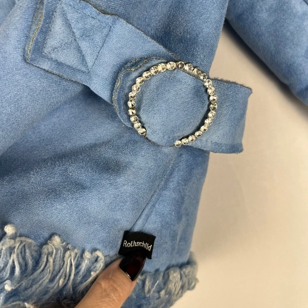 Rothschild Kids Blue Faux Suede Fur Trimmed Winter Jacket Rhinestones Girls 14Lg